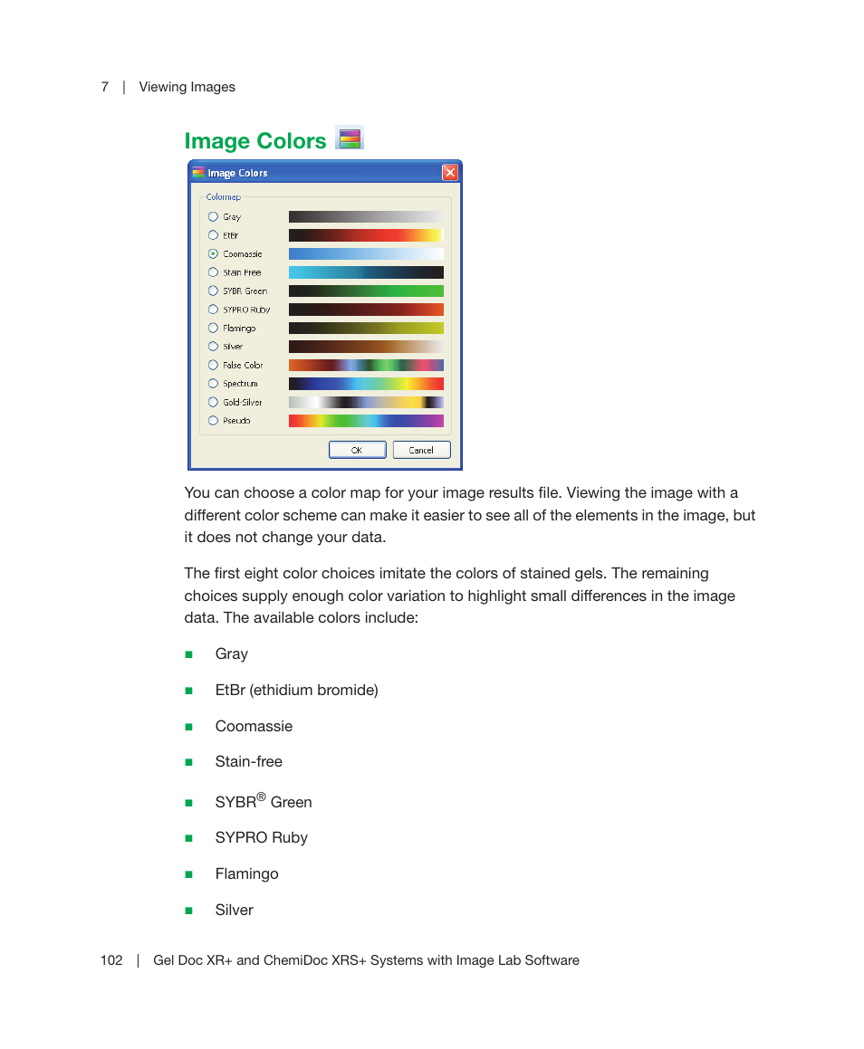 Image colors, Elements. see, To view the color choices dialog | Bio-Rad Image Lab™ Software User Manual | Page 102 / 236