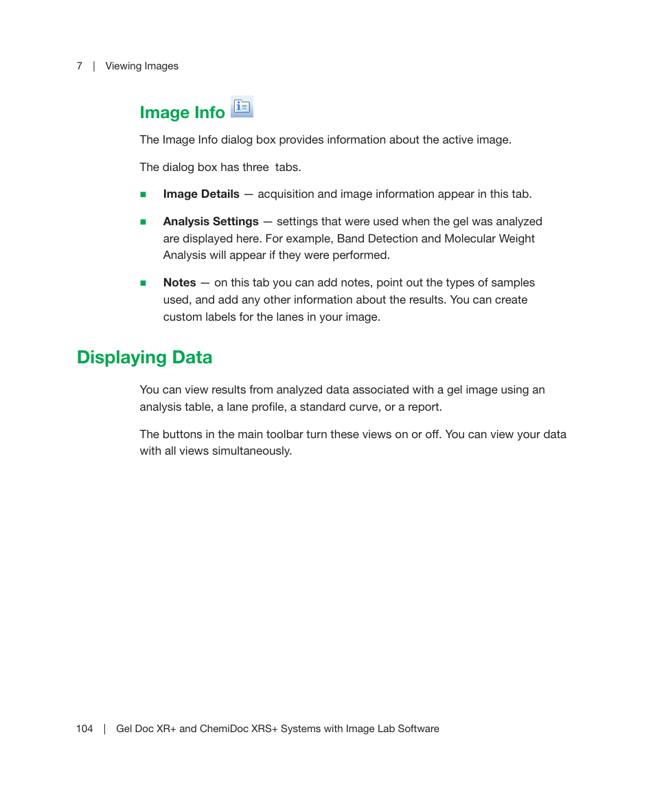 Image info, Displaying data, Displayed at the same time. see | For details, Operties. see, For mor, Window (see | Bio-Rad Image Lab™ Software User Manual | Page 104 / 236