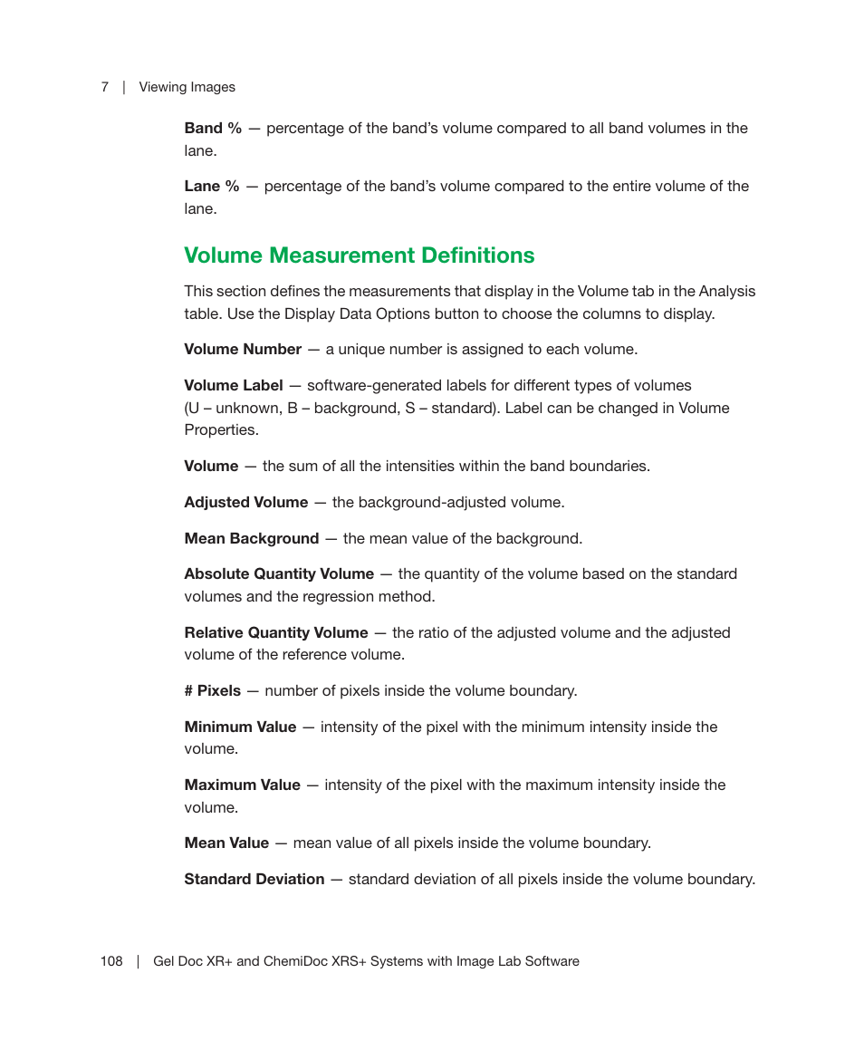 Volume measurement definitions, Ement type, see, Volume measurement | Bio-Rad Image Lab™ Software User Manual | Page 108 / 236