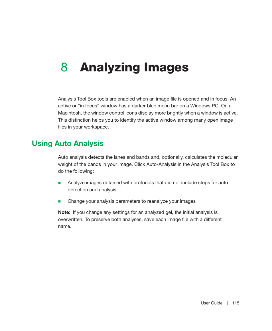 8 analyzing images, Using auto analysis, Chapter 8 | Analyzing images, 8analyzing images | Bio-Rad Image Lab™ Software User Manual | Page 115 / 236