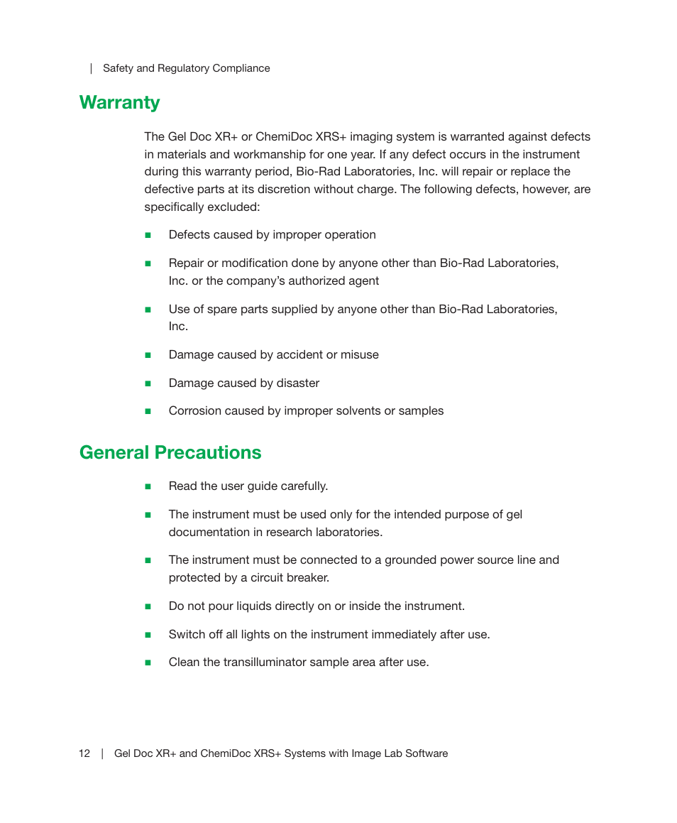 Warranty, General precautions, Warranty general precautions | Bio-Rad Image Lab™ Software User Manual | Page 12 / 236