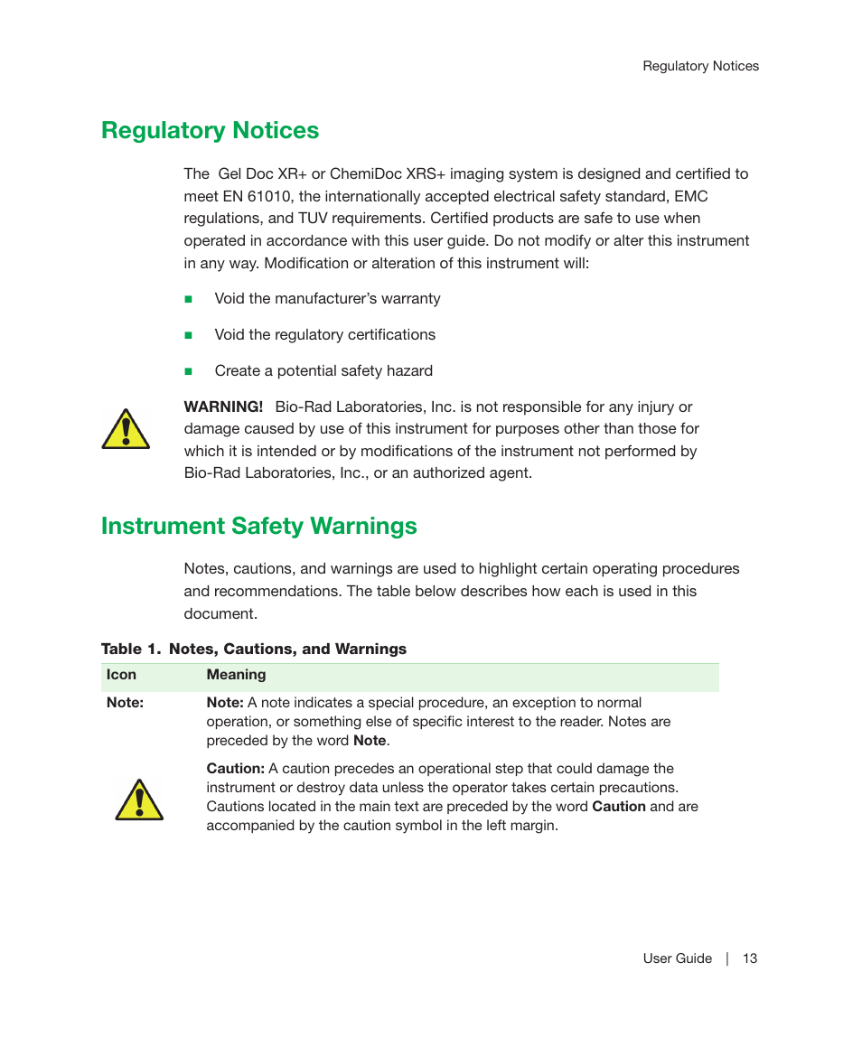 Regulatory notices, Instrument safety warnings, Regulatory notices instrument safety warnings | Bio-Rad Image Lab™ Software User Manual | Page 13 / 236