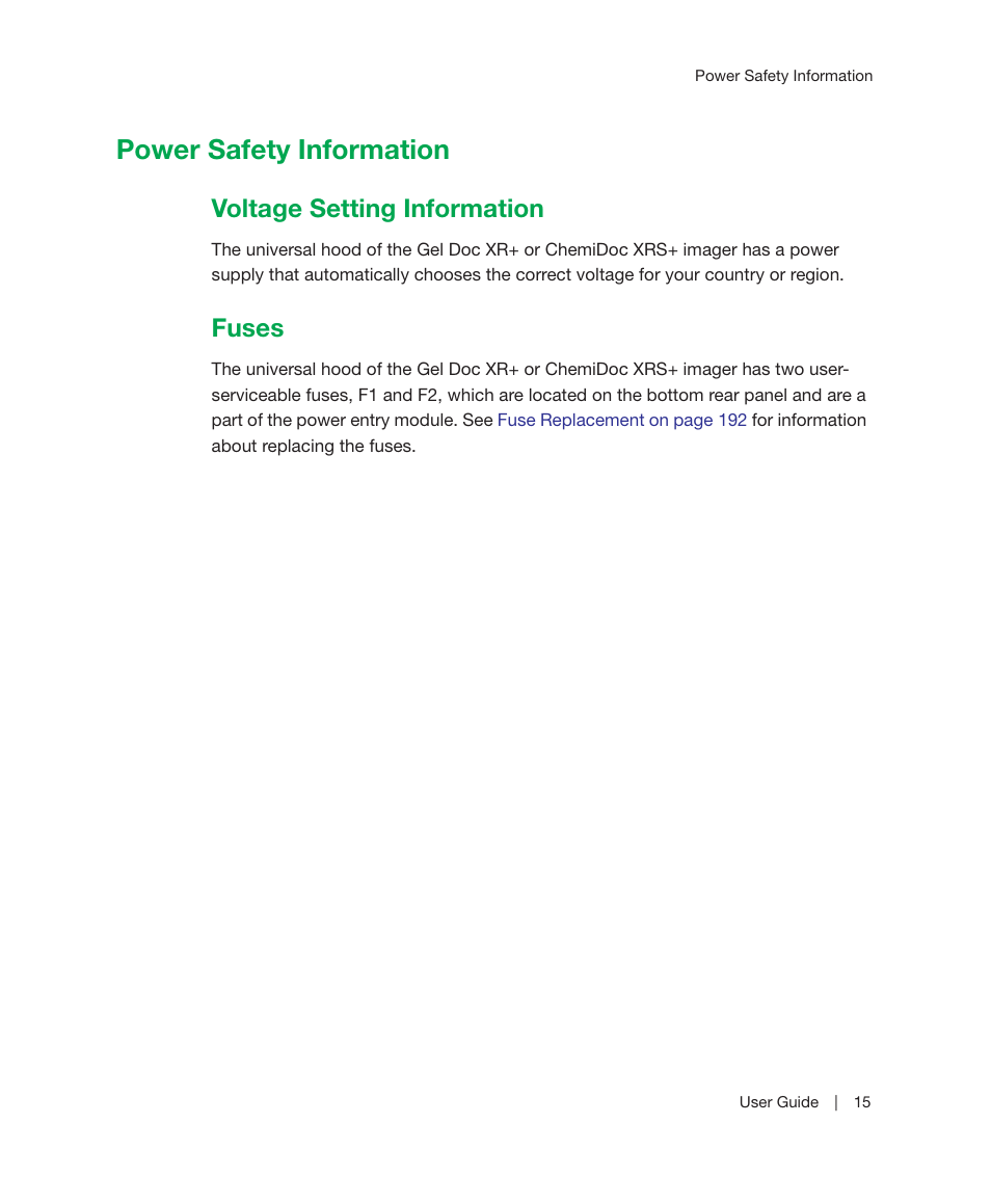 Power safety information, Voltage setting information, Fuses | Voltage setting information fuses | Bio-Rad Image Lab™ Software User Manual | Page 15 / 236