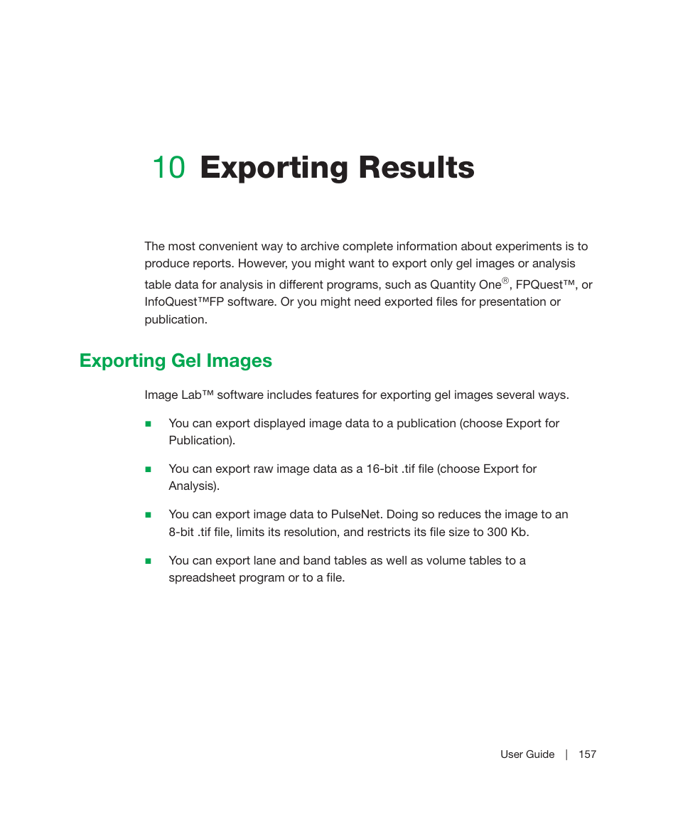 10 exporting results, Exporting gel images, Chapter 10 | Exporting results, Chapter 10, exporting results | Bio-Rad Image Lab™ Software User Manual | Page 157 / 236