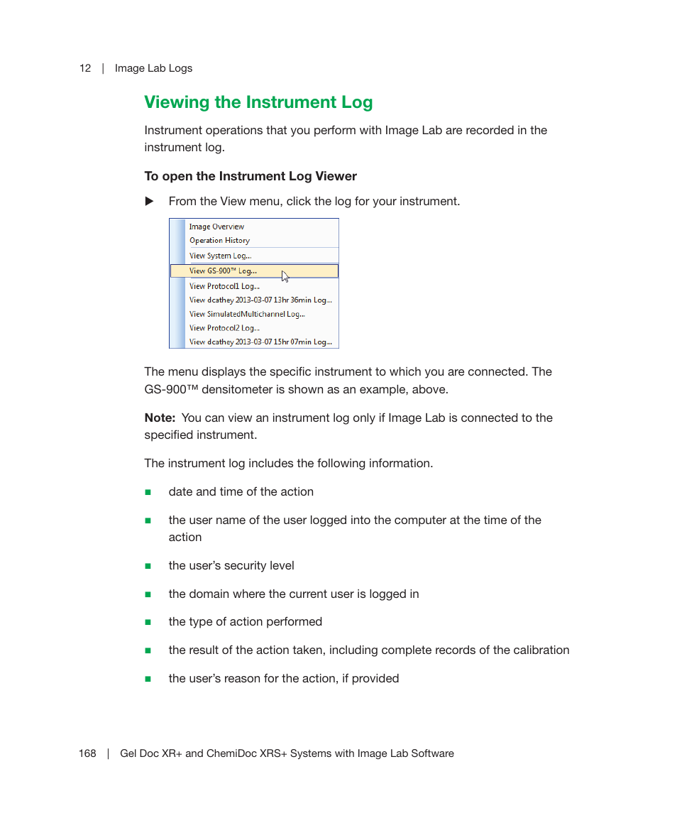 Viewing the instrument log | Bio-Rad Image Lab™ Software User Manual | Page 168 / 236