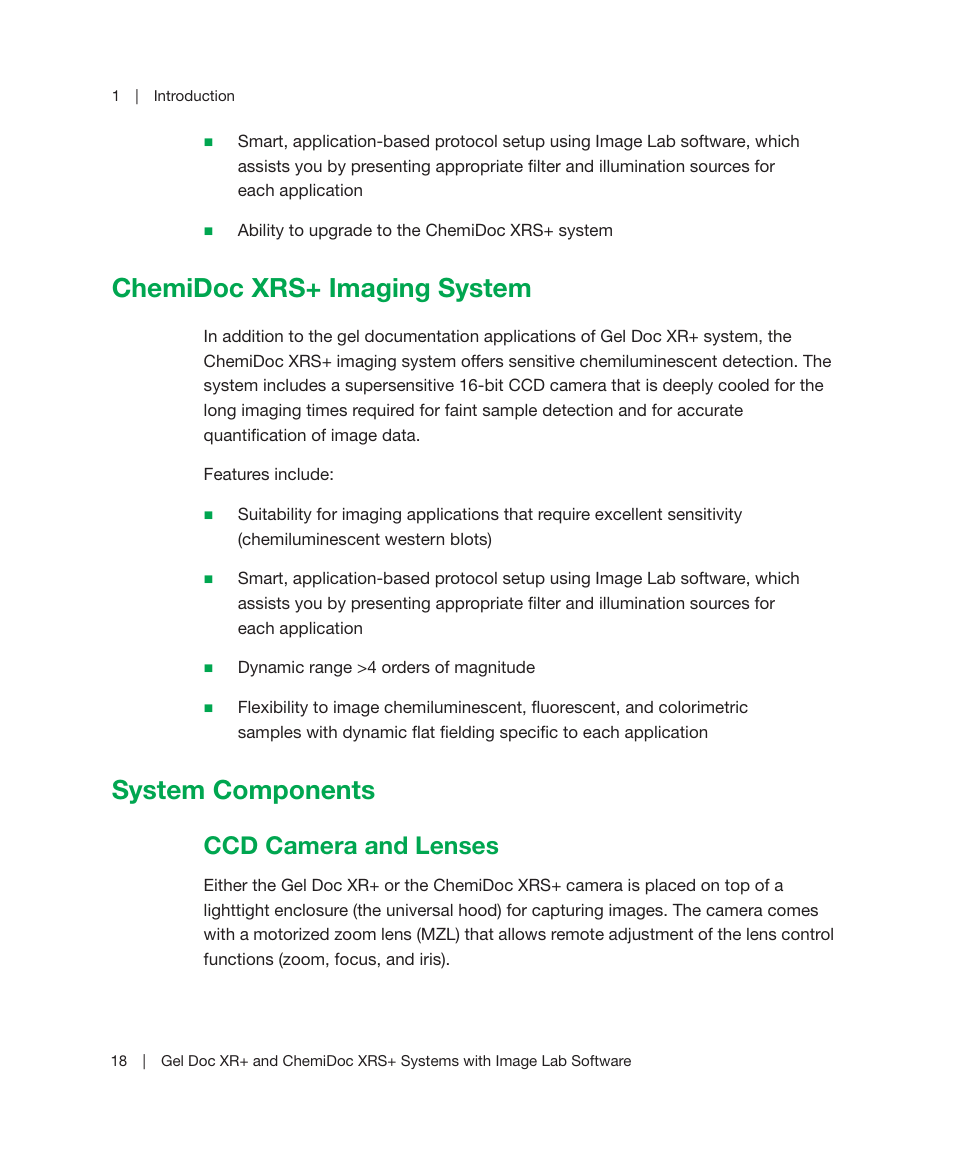 Chemidoc xrs+ imaging system, System components, Ccd camera and lenses | Chemidoc xrs+ imaging system system components | Bio-Rad Image Lab™ Software User Manual | Page 18 / 236