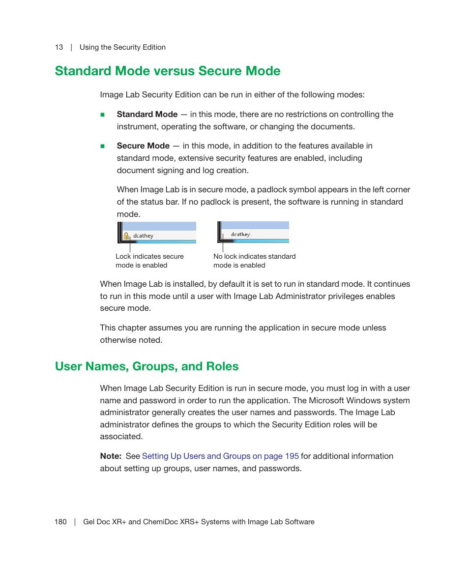 Standard mode versus secure mode, User names, groups, and roles | Bio-Rad Image Lab™ Software User Manual | Page 180 / 236