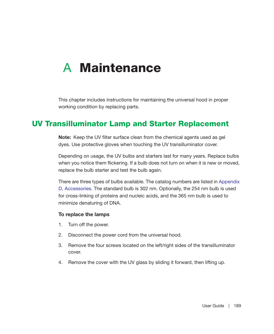 A maintenance, Uv transilluminator lamp and starter replacement, Appendix a | Maintenance, Amaintenance | Bio-Rad Image Lab™ Software User Manual | Page 189 / 236