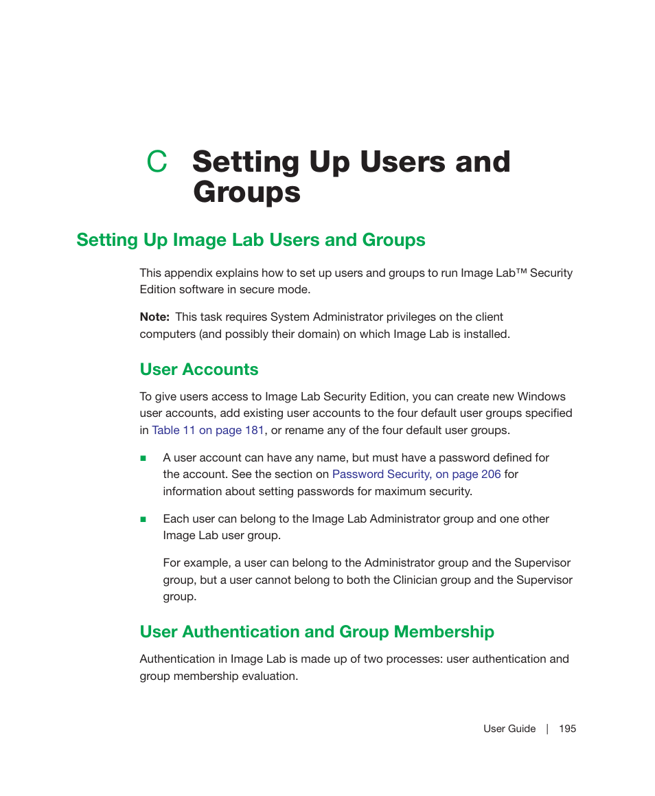 C setting up users and groups, Setting up image lab users and groups, User accounts | User authentication and group membership, Appendix c, Setting up users and groups, Oups, see, Setting up users and, Appendix c, setting up users and groups, User | Bio-Rad Image Lab™ Software User Manual | Page 195 / 236