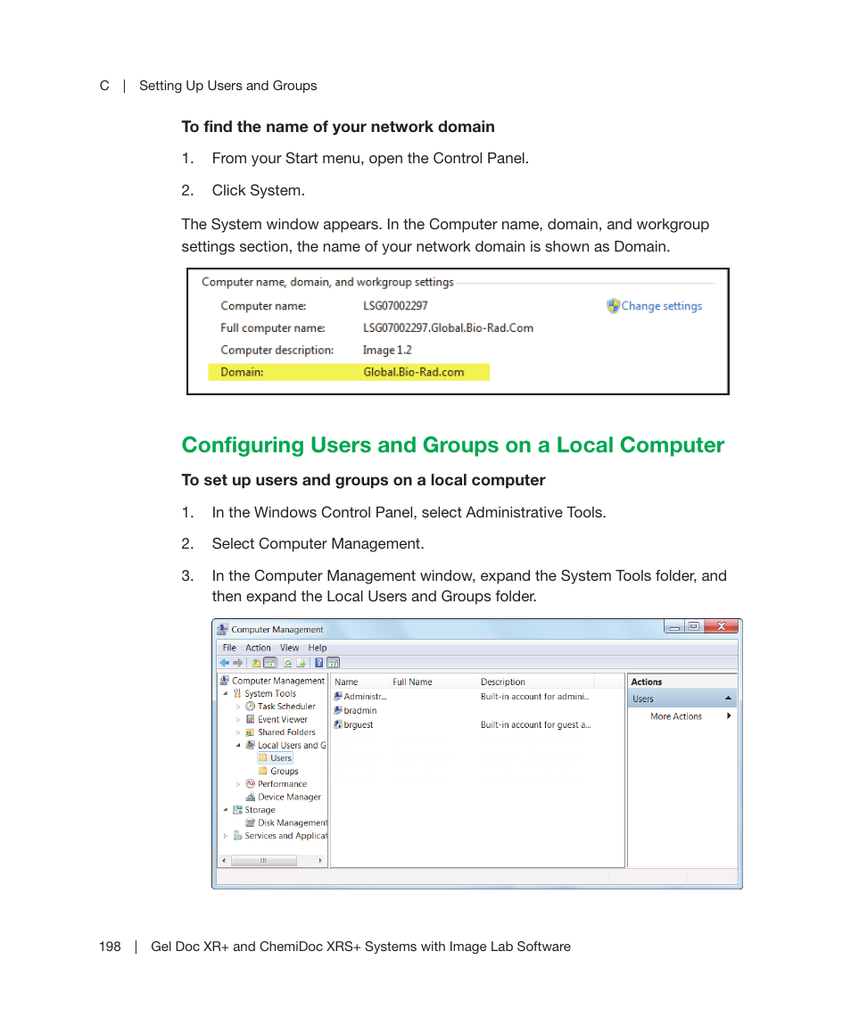 Configuring users and groups on a local computer, Network domain. see, To find the name of your network domain on | Bio-Rad Image Lab™ Software User Manual | Page 198 / 236