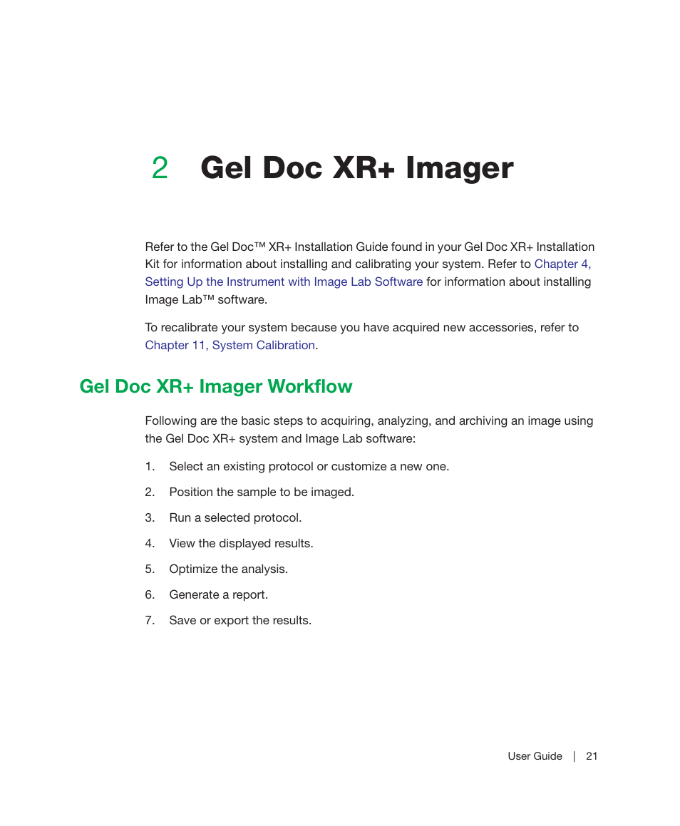 2 gel doc xr+ imager, Gel doc xr+ imager workflow, Chapter 2 | Gel doc xr+ imager, 2gel doc xr+ imager | Bio-Rad Image Lab™ Software User Manual | Page 21 / 236