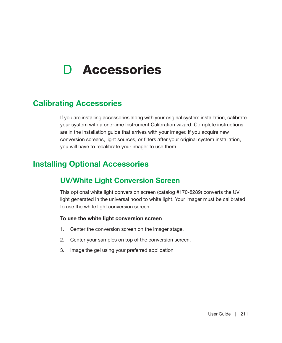 D accessories, Calibrating accessories, Installing optional accessories | Uv/white light conversion screen, Appendix d, Accessories, Appendix d, accessories, 211 for, Efer to, Uv/white light | Bio-Rad Image Lab™ Software User Manual | Page 211 / 236