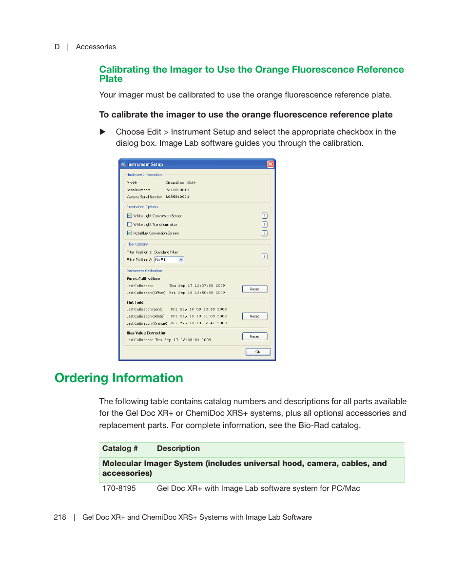 Ordering information, Performing this calibration, see, Calibrating the imager to use the orange | Bio-Rad Image Lab™ Software User Manual | Page 218 / 236