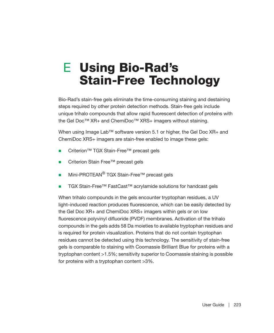 E using bio-rad’s stain-free technology, Appendix e, Using bio-rad’s stain-free technology | Time. see, Appendix e, using bio-rad’s stain-free technology, Eusing bio-rad’s stain-free technology | Bio-Rad Image Lab™ Software User Manual | Page 223 / 236