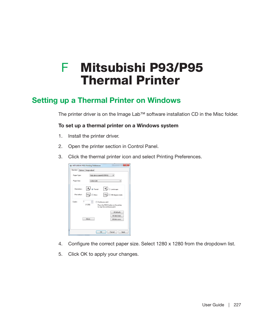 F mitsubishi p93/p95 thermal printer, Setting up a thermal printer on windows, Appendix f | Mitsubishi p93/p95 thermal, Printer, Fmitsubishi p93/p95 thermal printer | Bio-Rad Image Lab™ Software User Manual | Page 227 / 236