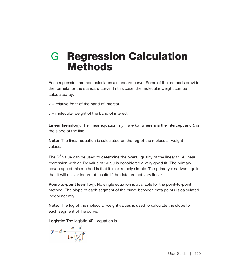 G regression calculation methods, Appendix g, Regression calculation methods | Appendix g, regression calculation methods, Regression, To lear, Gregression calculation methods | Bio-Rad Image Lab™ Software User Manual | Page 229 / 236