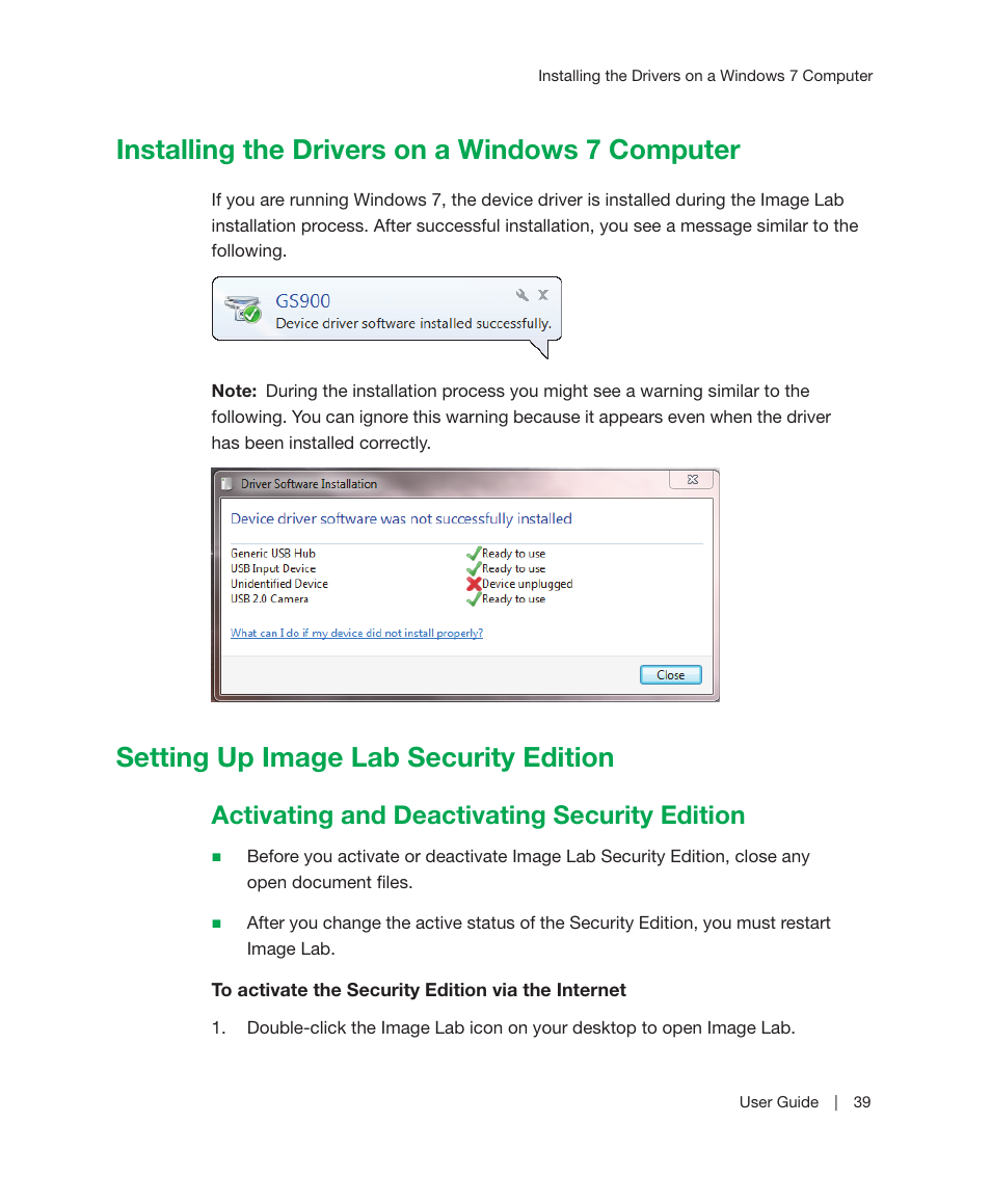 Installing the drivers on a windows 7 computer, Setting up image lab security edition, Activating and deactivating security edition | E information, see, Setting up image lab security edition on | Bio-Rad Image Lab™ Software User Manual | Page 39 / 236