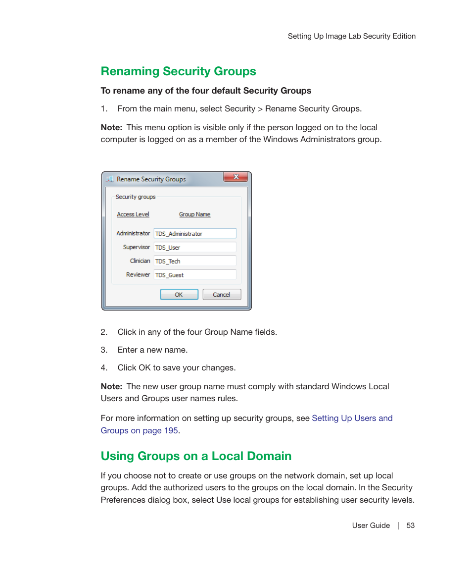 Renaming security groups, Using groups on a local domain | Bio-Rad Image Lab™ Software User Manual | Page 53 / 236