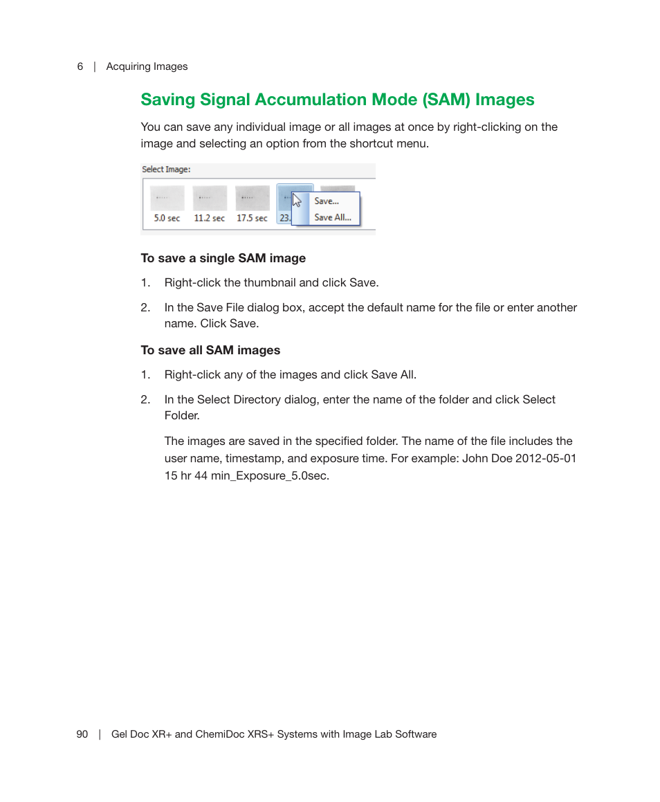 Saving signal accumulation mode (sam) images, Saving signal accumulation, For mor | Bio-Rad Image Lab™ Software User Manual | Page 90 / 236