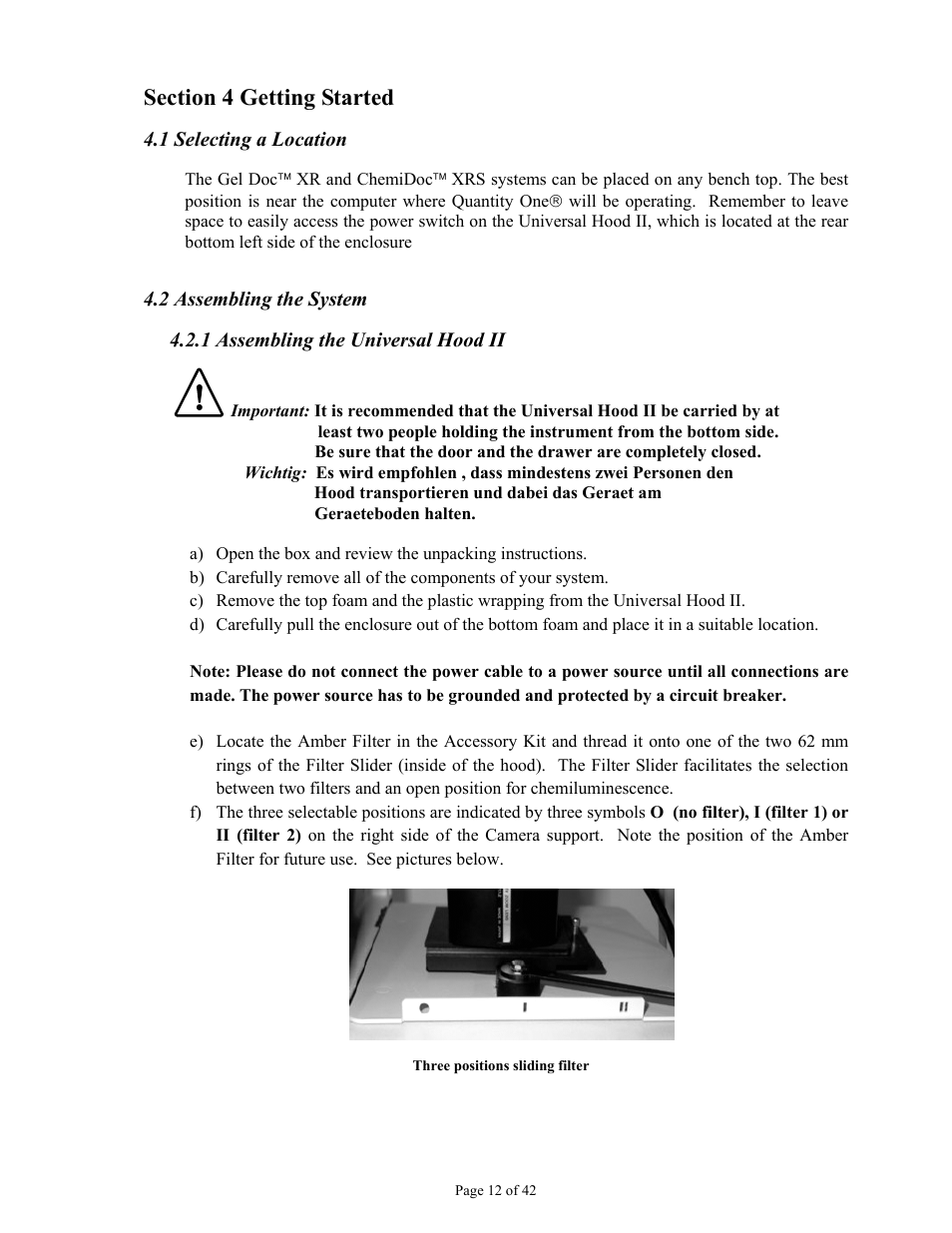 1 selecting a location, 2 assembling the system, 1 assembling the universal hood ii | Bio-Rad Gel Doc™ XR+ System User Manual | Page 12 / 42