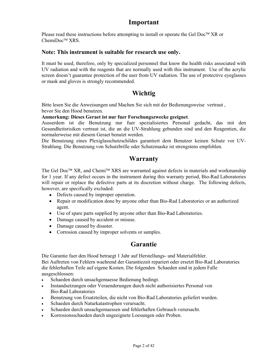 Important, Wichtig, Warranty | Garantie | Bio-Rad Gel Doc™ XR+ System User Manual | Page 2 / 42