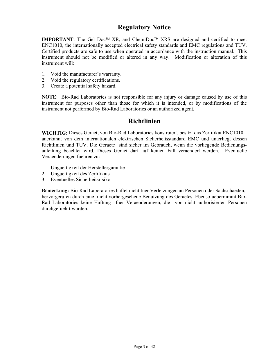 Regulatory notice, Richtlinien | Bio-Rad Gel Doc™ XR+ System User Manual | Page 3 / 42