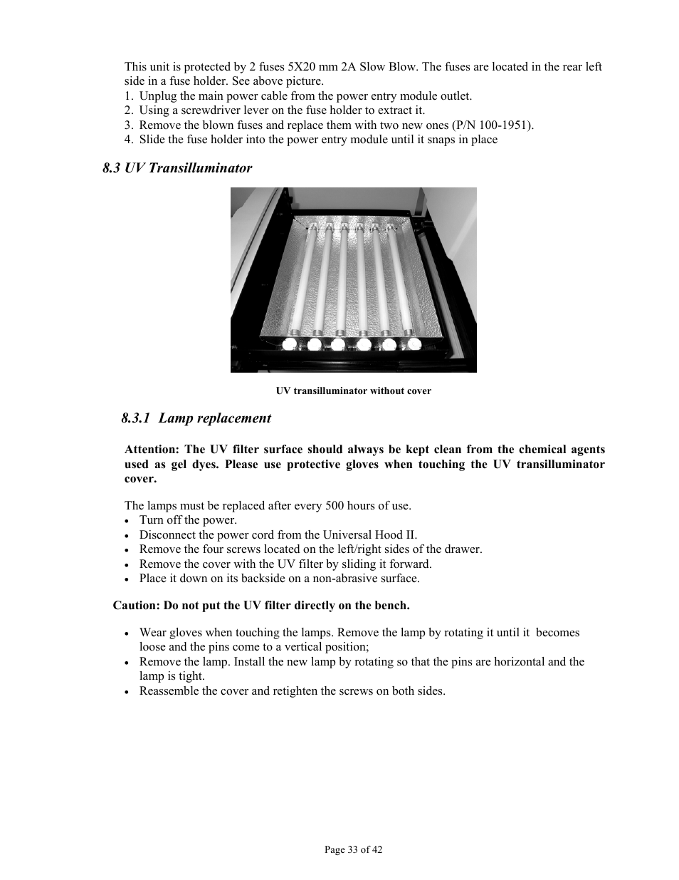 3 uv transilluminator, 1 lamp replacement | Bio-Rad Gel Doc™ XR+ System User Manual | Page 33 / 42