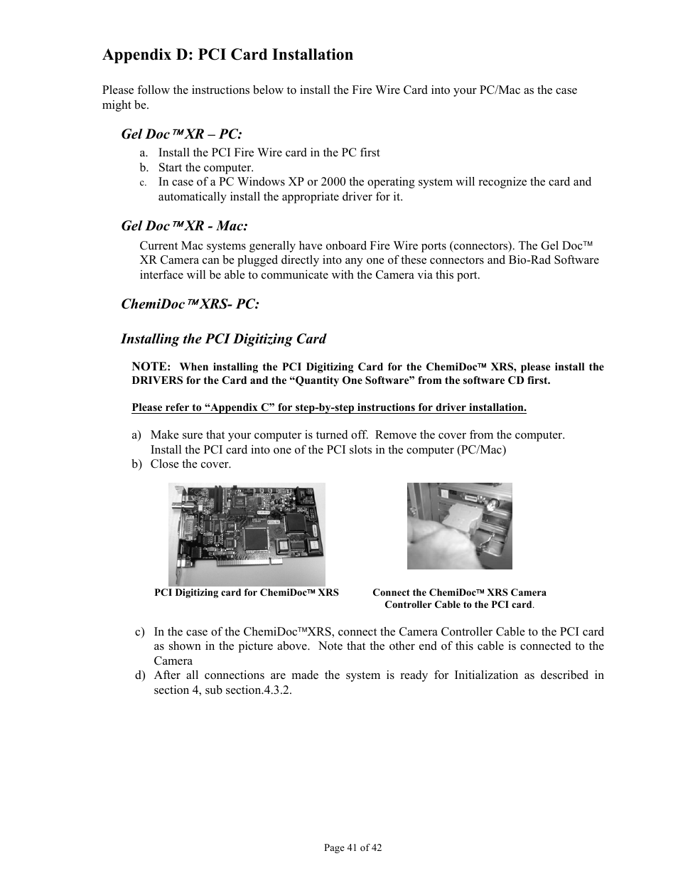 Appendix d: pci card installation | Bio-Rad Gel Doc™ XR+ System User Manual | Page 41 / 42