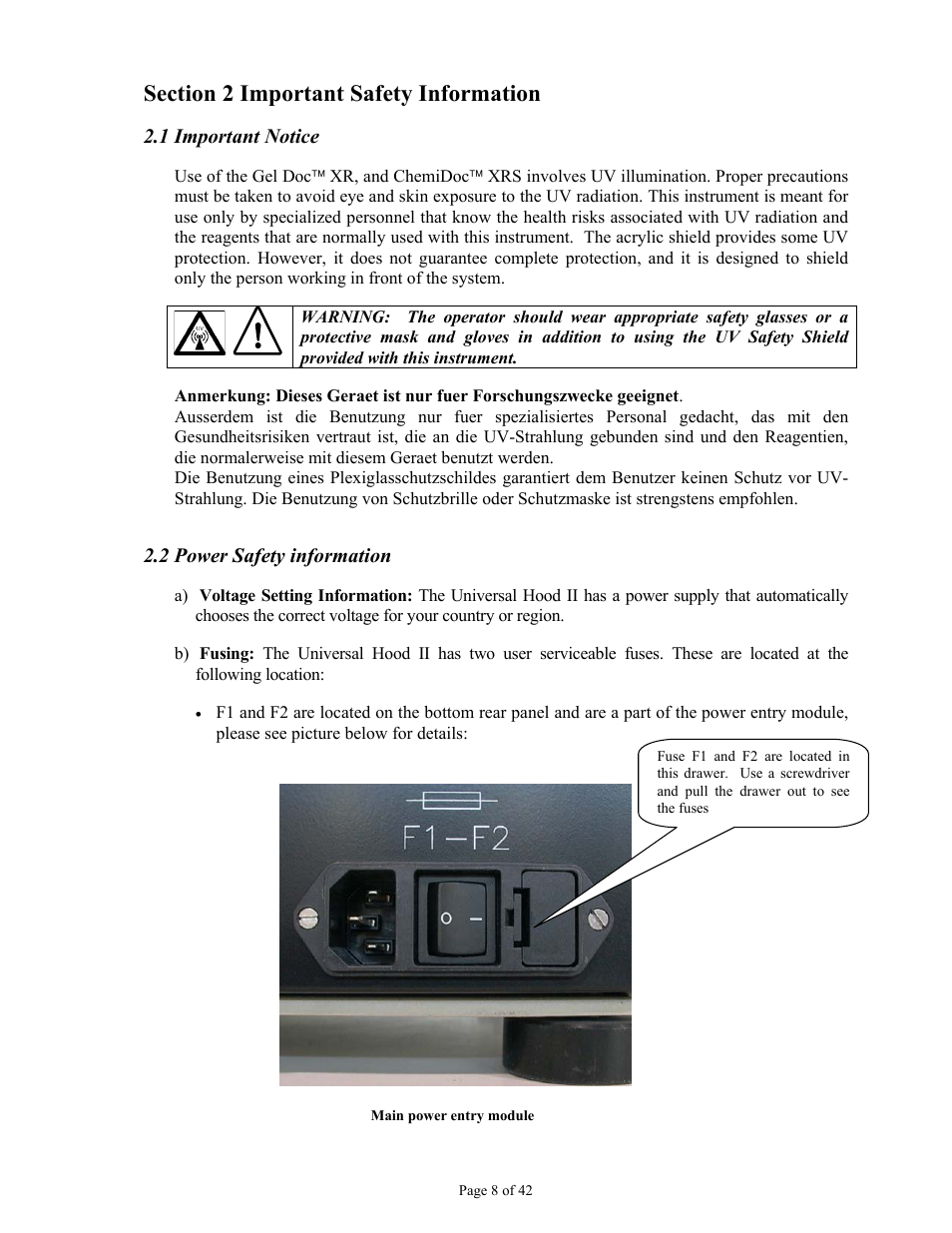 1 important notice, 2 power safety information | Bio-Rad Gel Doc™ XR+ System User Manual | Page 8 / 42