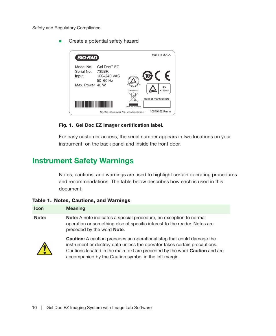 Instrument safety warnings | Bio-Rad Image Lab™ Software User Manual | Page 10 / 212