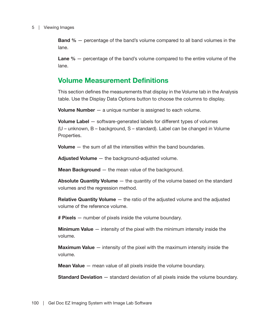 Volume measurement definitions, Ement type, see, Volume measurement | Bio-Rad Image Lab™ Software User Manual | Page 100 / 212