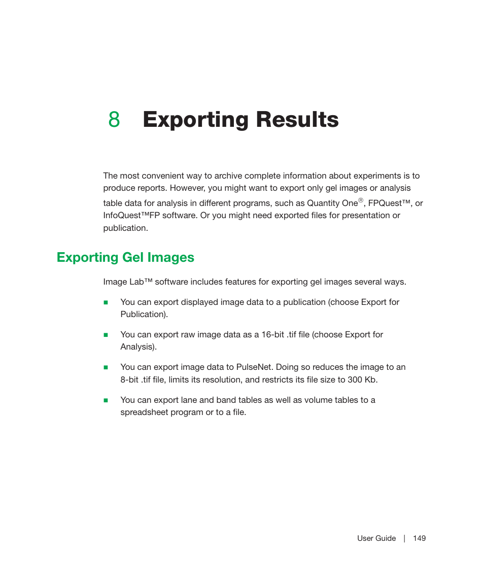 8 exporting results, Exporting gel images, Chapter 8 | Exporting results, Chapter 8, exporting results, 8exporting results | Bio-Rad Image Lab™ Software User Manual | Page 149 / 212