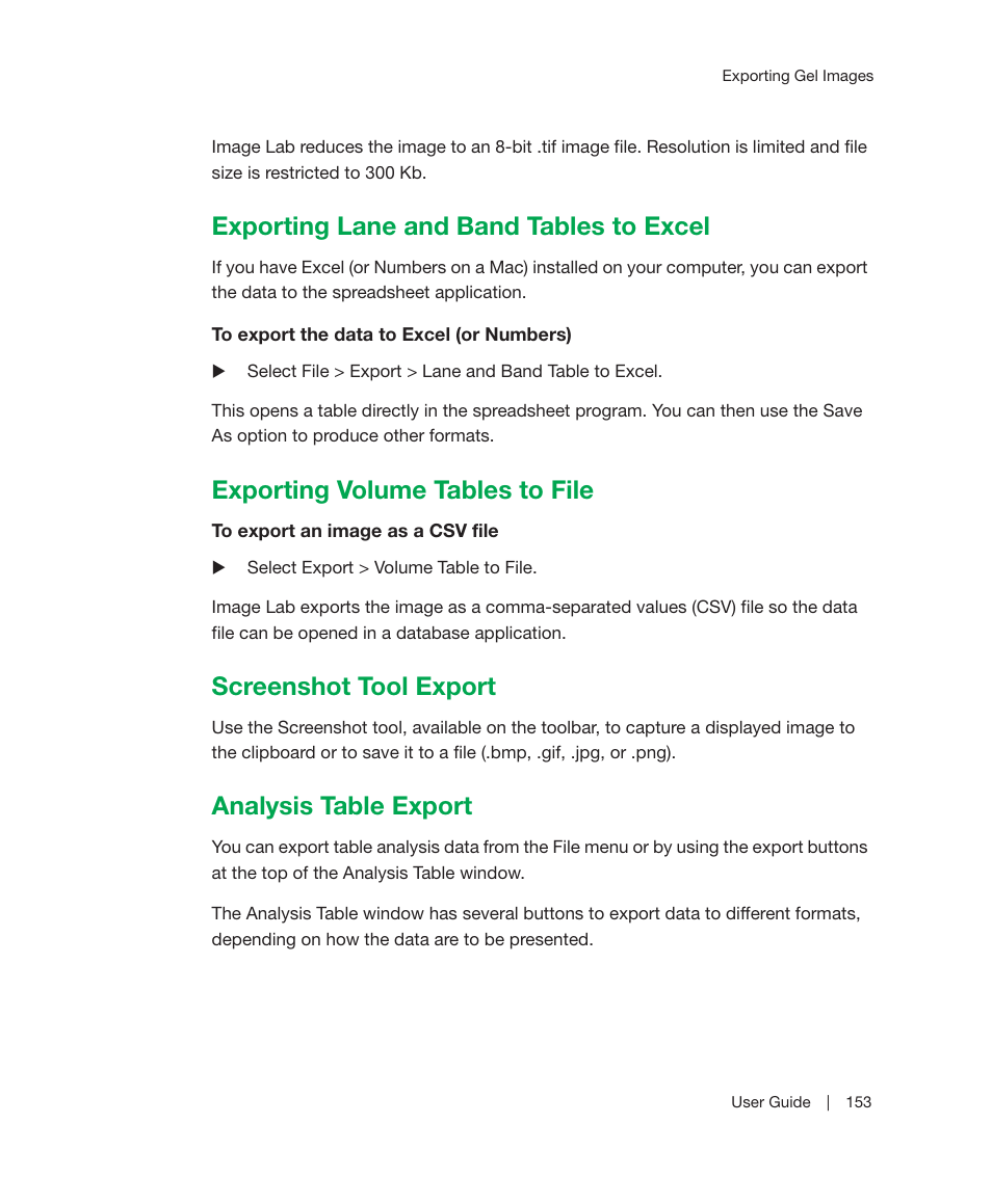 Exporting lane and band tables to excel, Exporting volume tables to file, Screenshot tool export | Analysis table export, Exporting volume tables to file on | Bio-Rad Image Lab™ Software User Manual | Page 153 / 212