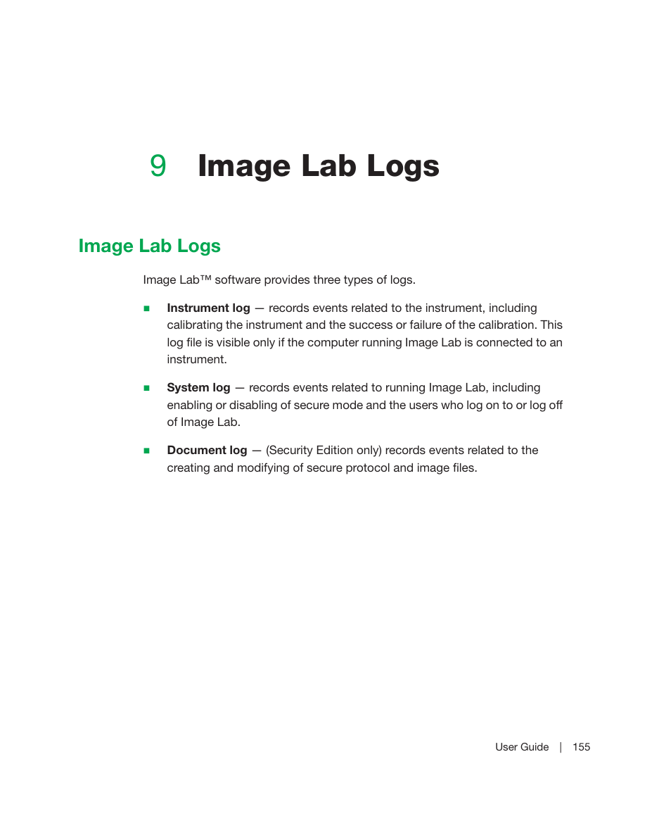 9 image lab logs, Image lab logs, Chapter 9 | 9image lab logs | Bio-Rad Image Lab™ Software User Manual | Page 155 / 212