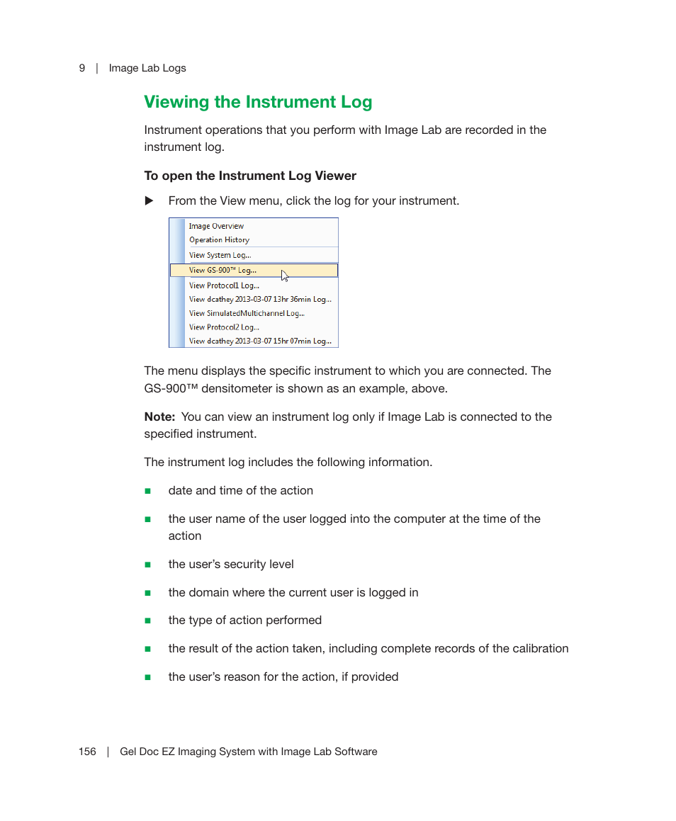 Viewing the instrument log | Bio-Rad Image Lab™ Software User Manual | Page 156 / 212