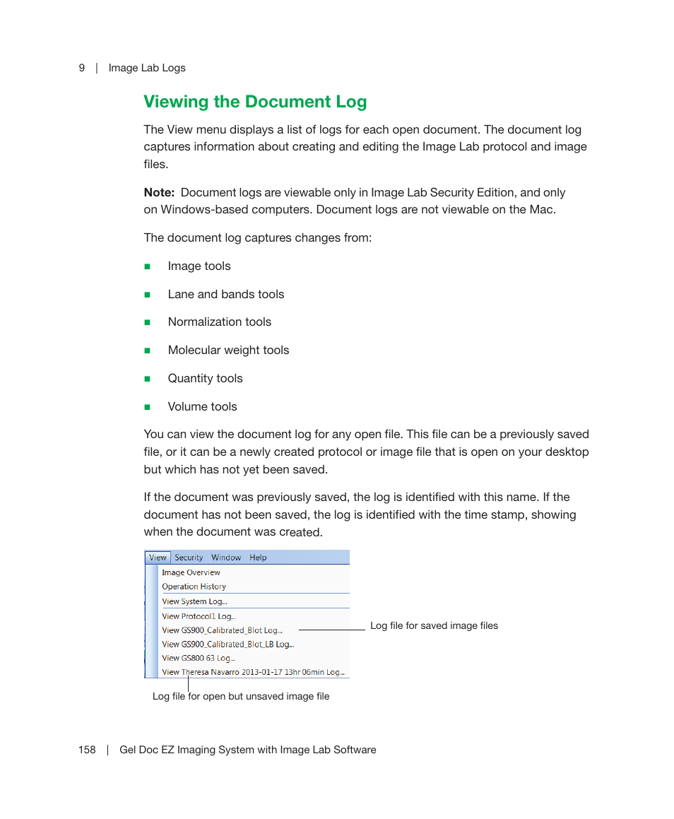 Viewing the document log | Bio-Rad Image Lab™ Software User Manual | Page 158 / 212