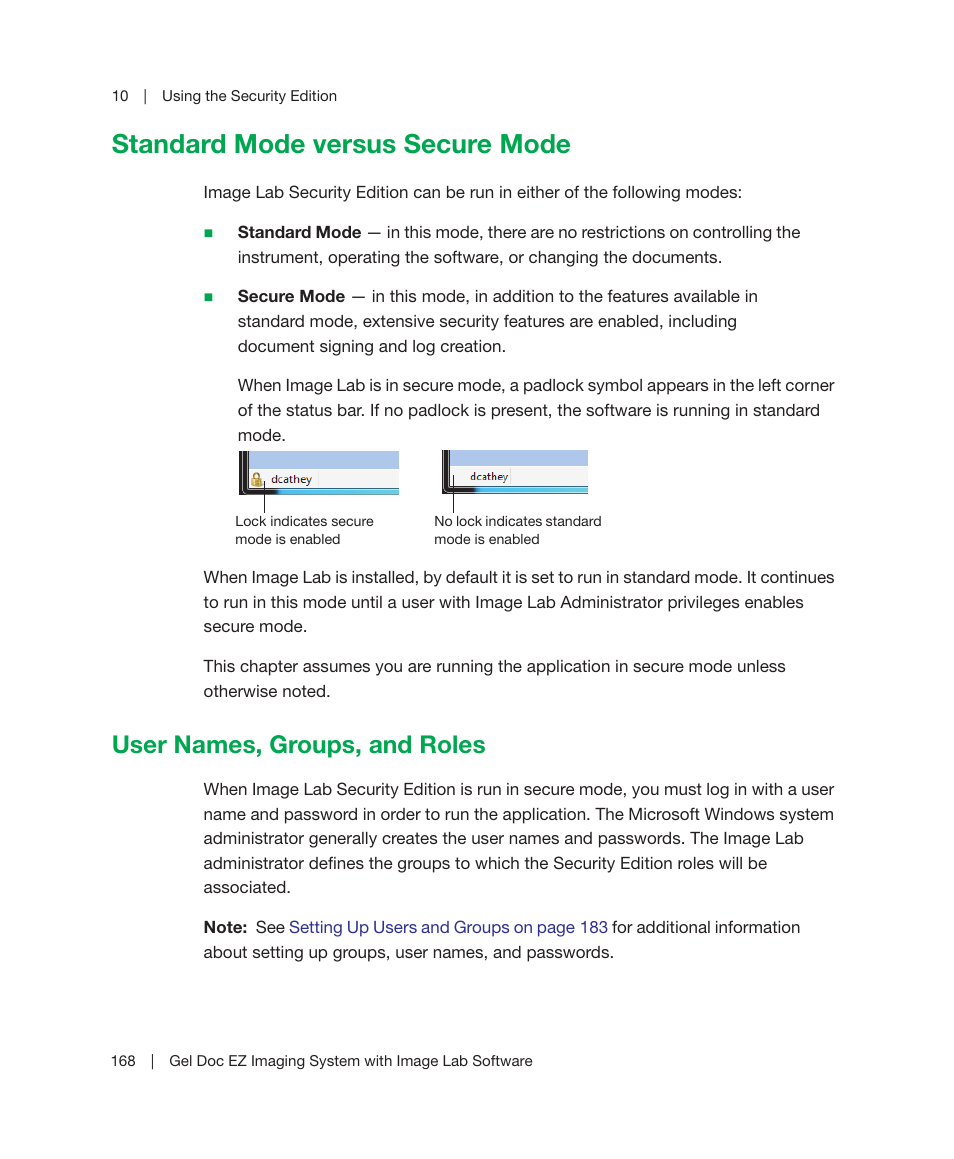 Standard mode versus secure mode, User names, groups, and roles | Bio-Rad Image Lab™ Software User Manual | Page 168 / 212