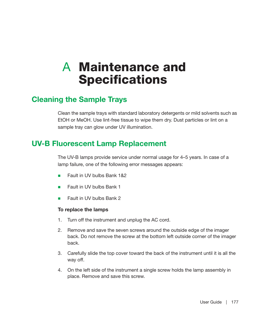A maintenance and specifications, Cleaning the sample trays, Uv-b fluorescent lamp replacement | Appendix a, Maintenance and specifications, Amaintenance and specifications | Bio-Rad Image Lab™ Software User Manual | Page 177 / 212