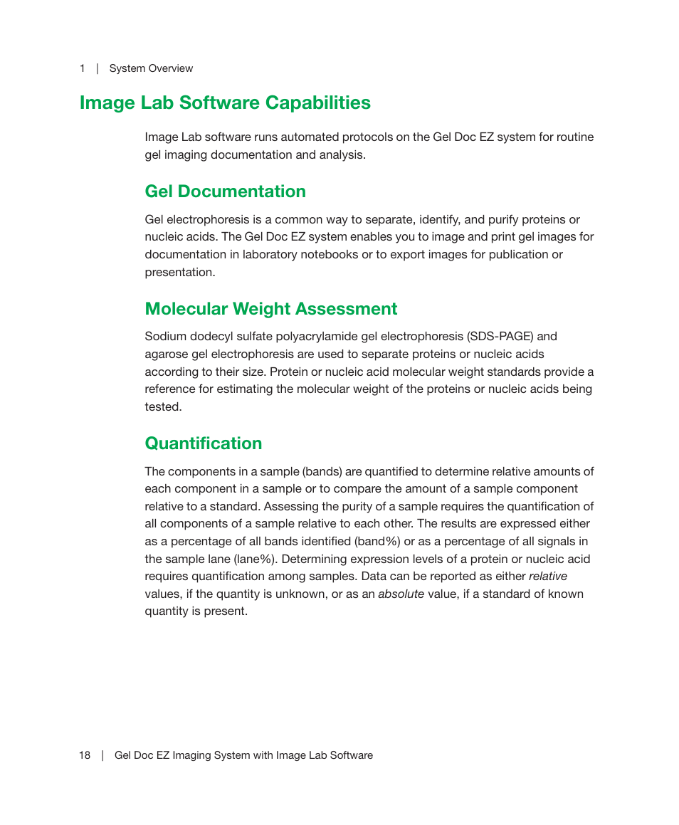 Image lab software capabilities, Gel documentation, Molecular weight assessment | Quantification | Bio-Rad Image Lab™ Software User Manual | Page 18 / 212