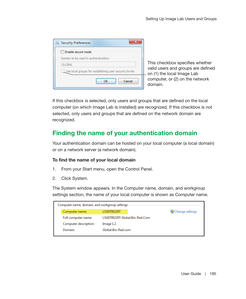 Finding the name of your authentication domain, Name see | Bio-Rad Image Lab™ Software User Manual | Page 185 / 212