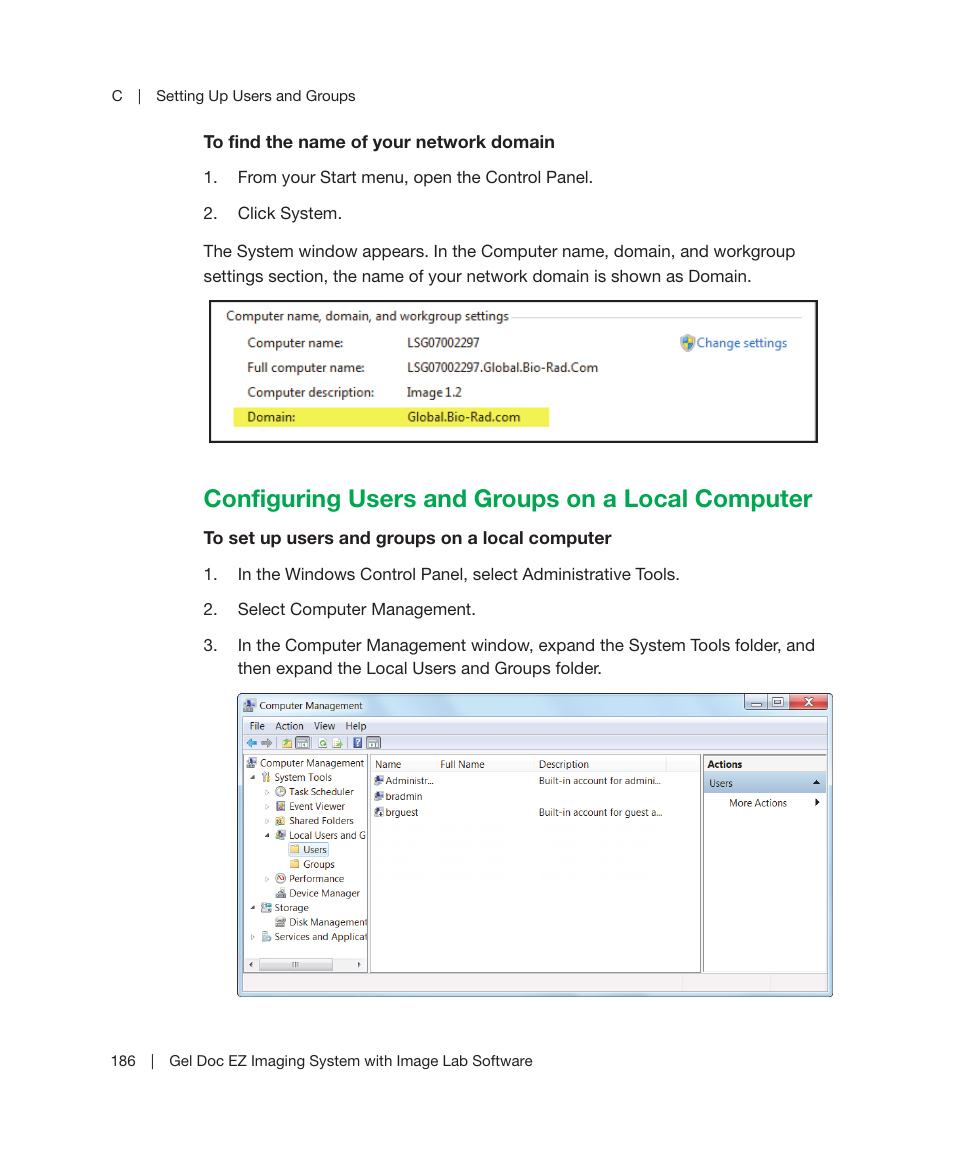 Configuring users and groups on a local computer, Network domain. see, To find the name of your network domain on | Bio-Rad Image Lab™ Software User Manual | Page 186 / 212