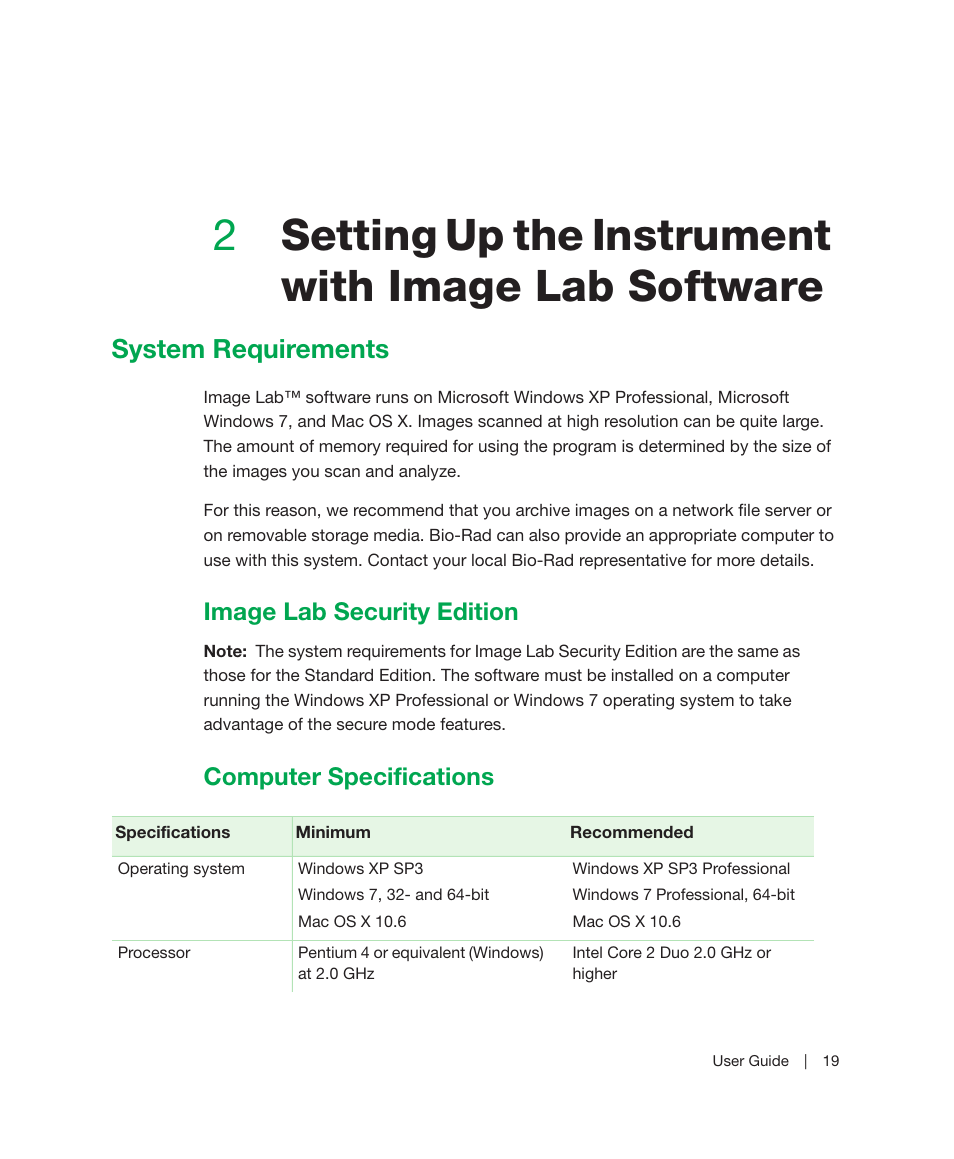 System requirements, Image lab security edition, Computer specifications | Chapter 2, Setting up the instrument with image lab software, Image lab security edition computer specifications, 2setting up the instrument with image lab software | Bio-Rad Image Lab™ Software User Manual | Page 19 / 212