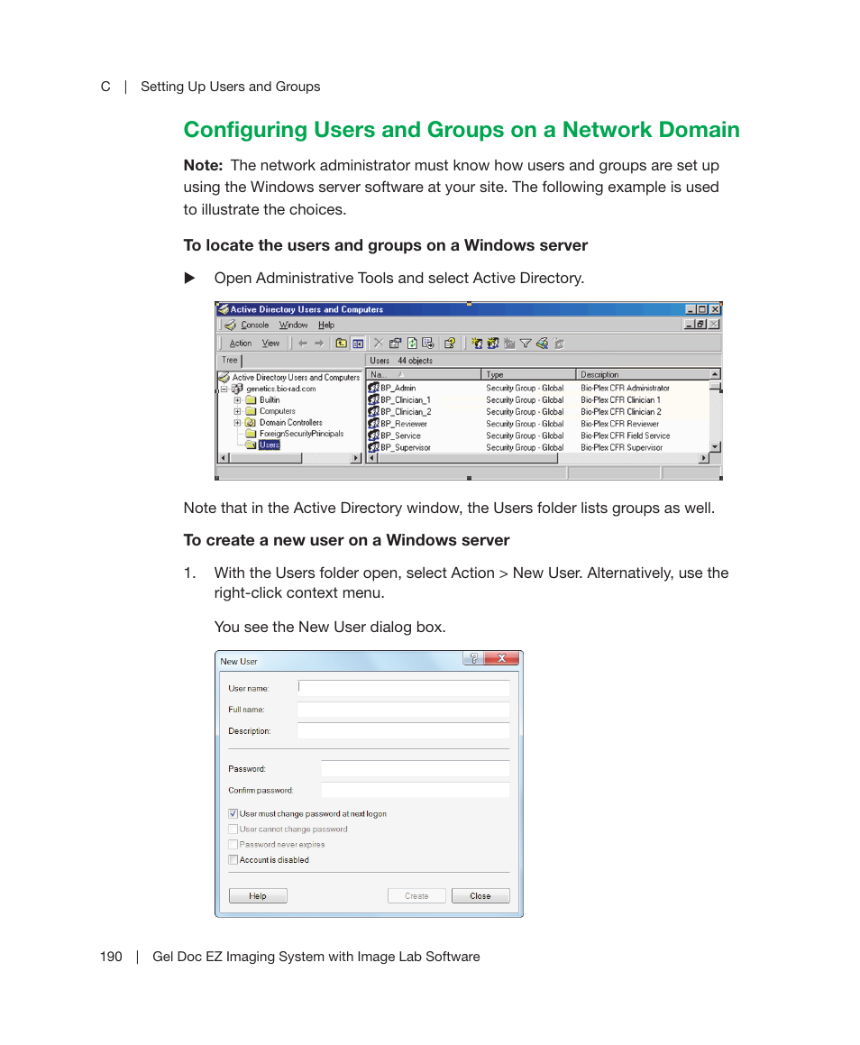 Configuring users and groups on a network domain | Bio-Rad Image Lab™ Software User Manual | Page 190 / 212