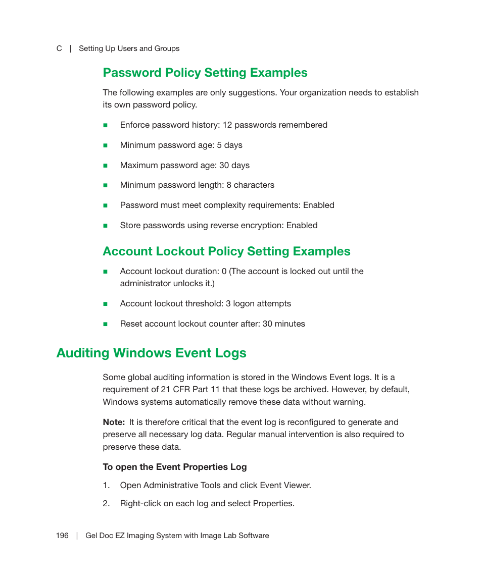 Password policy setting examples, Account lockout policy setting examples, Auditing windows event logs | Bio-Rad Image Lab™ Software User Manual | Page 196 / 212