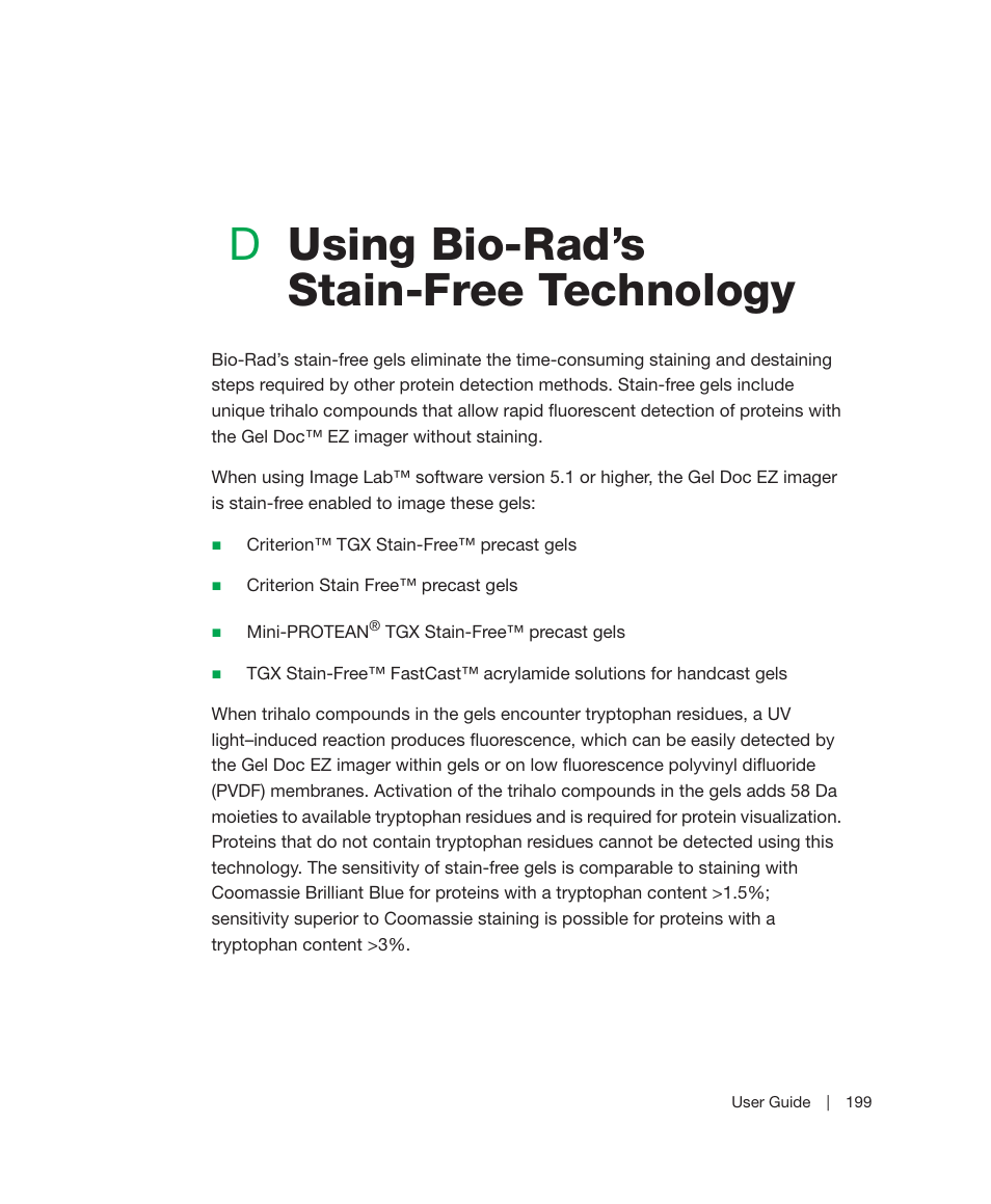 D using bio-rad’s stain-free technology, Appendix d, Using bio-rad’s stain-free technology | Dusing bio-rad’s stain-free technology | Bio-Rad Image Lab™ Software User Manual | Page 199 / 212