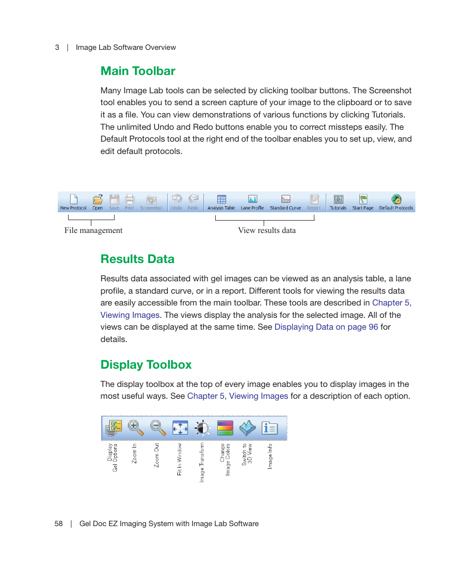 Main toolbar, Results data, Display toolbox | Main toolbar results data display toolbox | Bio-Rad Image Lab™ Software User Manual | Page 58 / 212