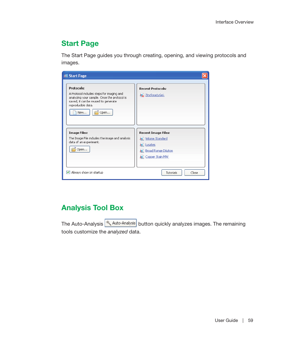 Analysis tool box, Start page | Bio-Rad Image Lab™ Software User Manual | Page 59 / 212