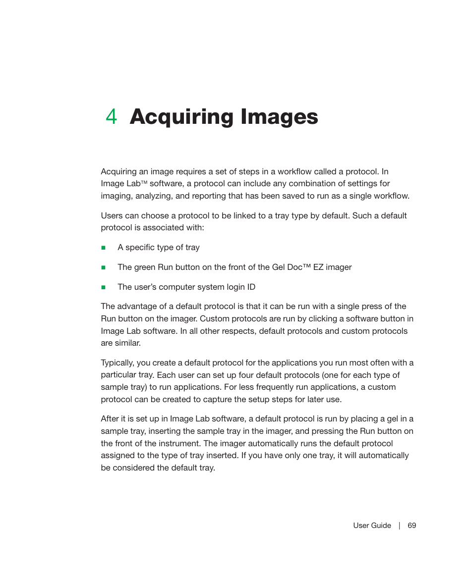 4 acquiring images, Chapter 4, Acquiring images | Steps and choices. see, Chapter 4, acquiring images, 4acquiring images | Bio-Rad Image Lab™ Software User Manual | Page 69 / 212
