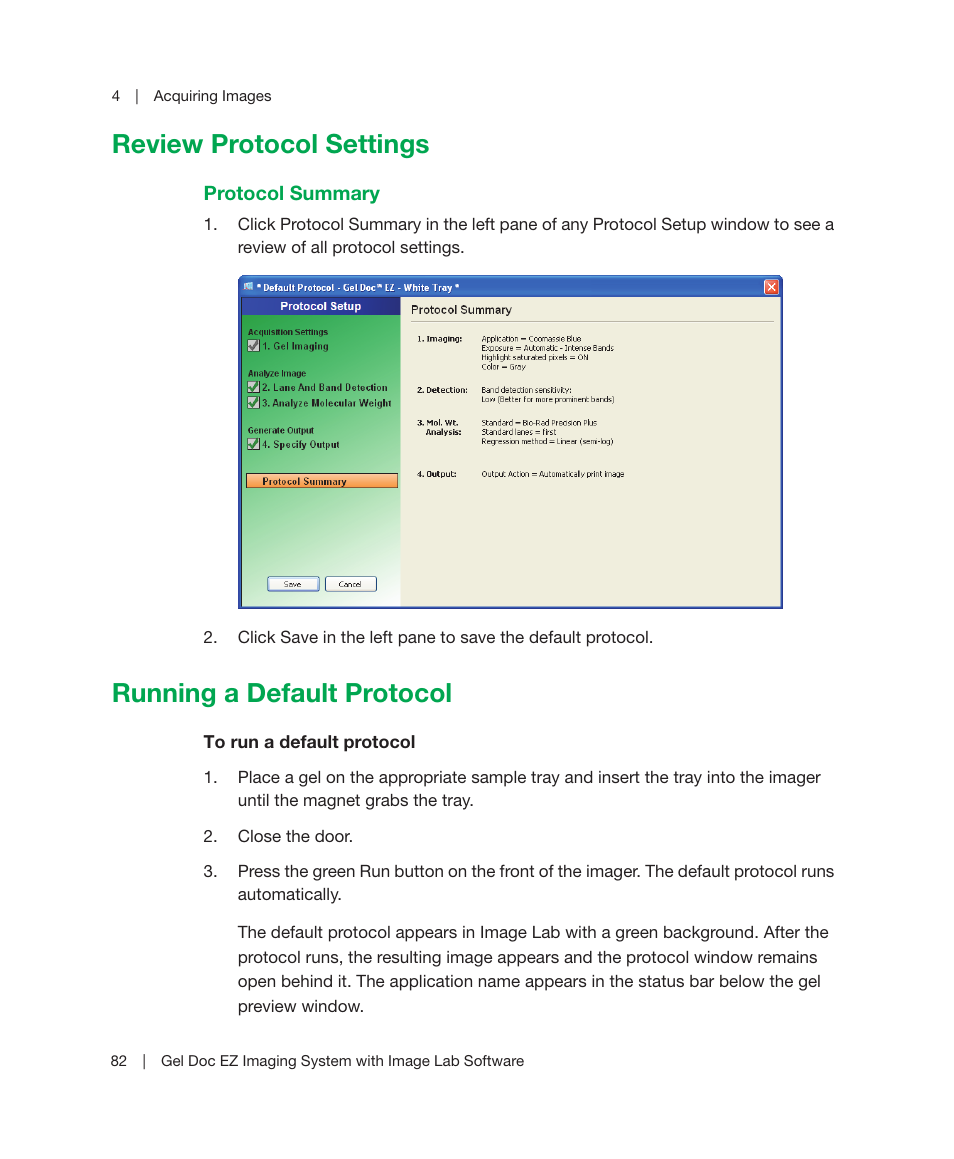 Review protocol settings, Running a default protocol | Bio-Rad Image Lab™ Software User Manual | Page 82 / 212