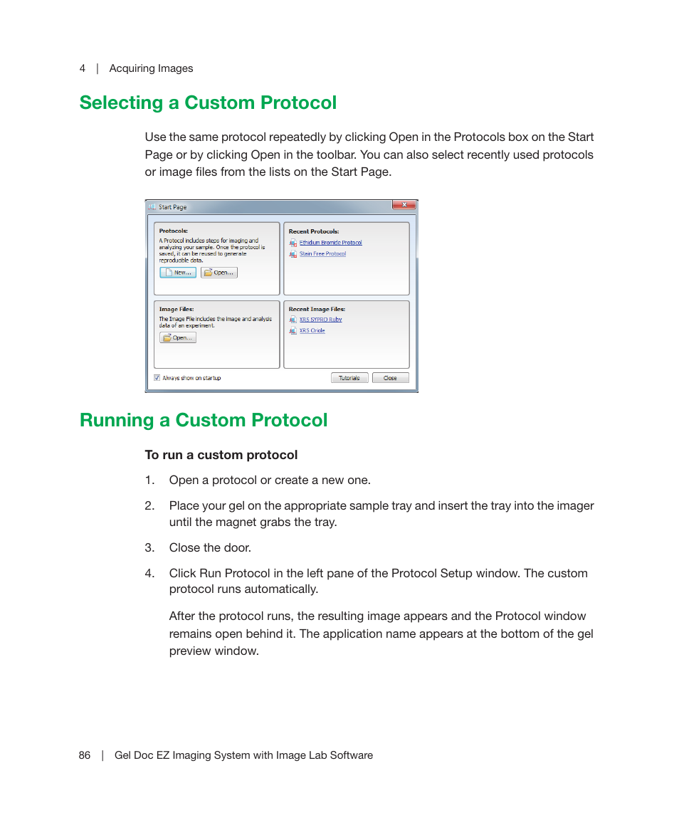 Selecting a custom protocol, Running a custom protocol | Bio-Rad Image Lab™ Software User Manual | Page 86 / 212